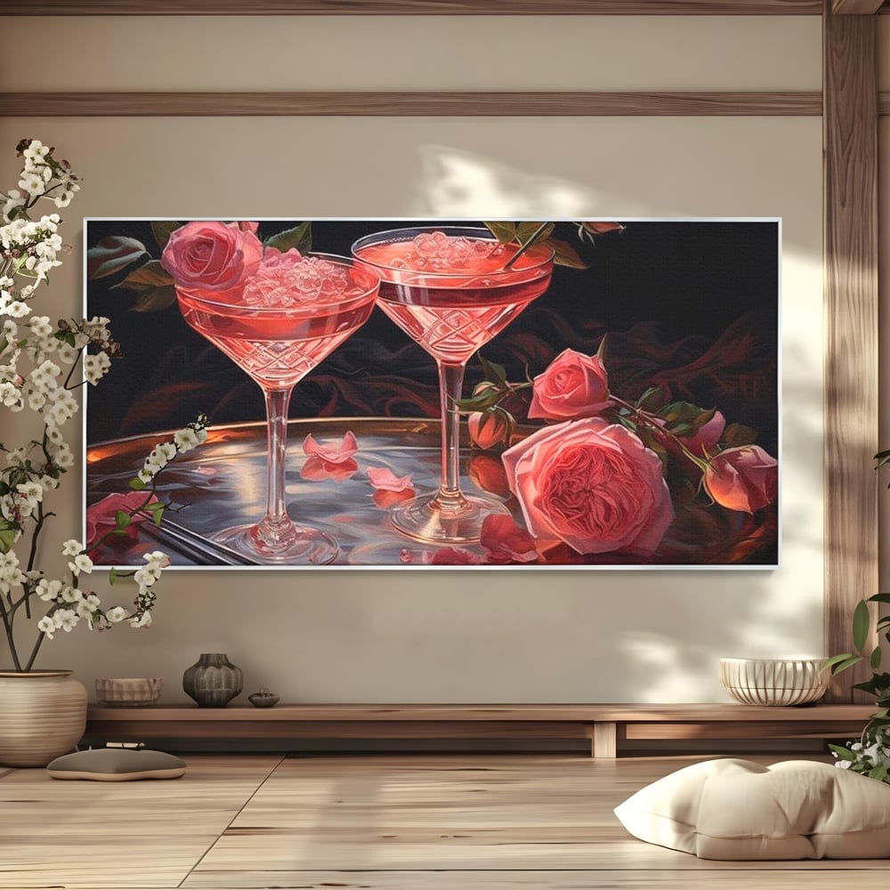 Tablou canvas cu tablou canvas cu pahare de cocktail si trandafiri, in rama de aluminiu argintiu